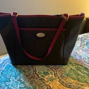 Genuine Coach leather bag brown and hot pink trim great condition